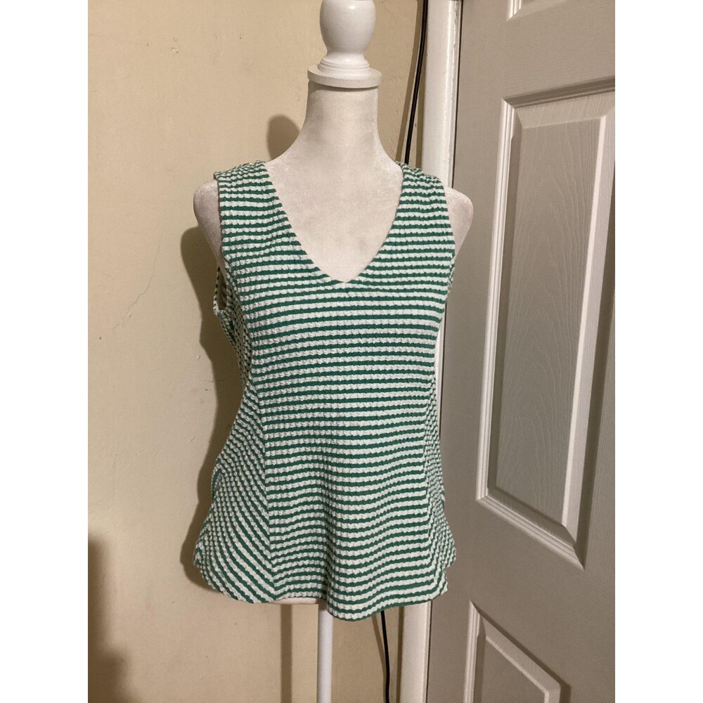 Maeve by Anthropologie Tank Top Womens Small Green White Striped Textured Knit